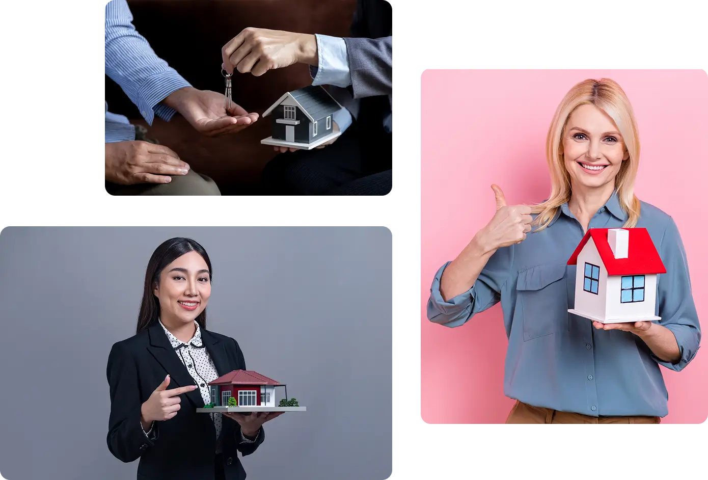 People holding miniature houses and keys.